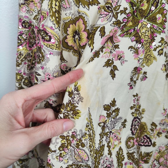 Vintage Anthropologie Elevenses Dress Womens 2 Cream Floral Print Sequins Boho - Picture 4 of 13